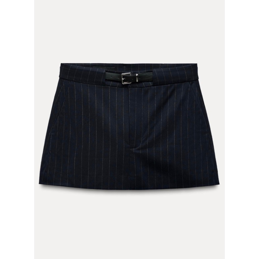 Zara Navy Pinstripe Skort with Belt Women XS High Waist Tailored Mini